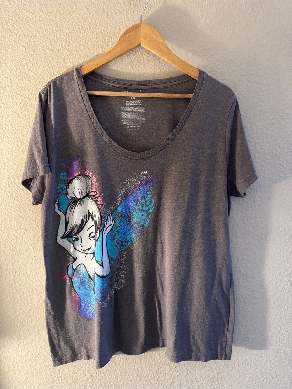 Disney Gray Tinker Bell Short Sleeve Tee with Blue and Teal Wings